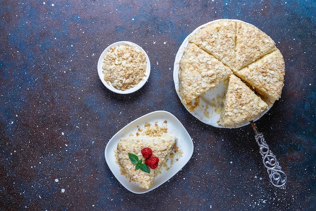 Free photo delicious homemade napoleon cake,top view