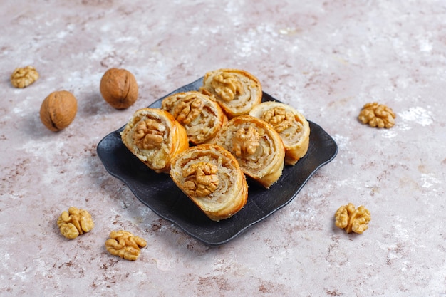 Free photo delicious homemade walnut rolls.