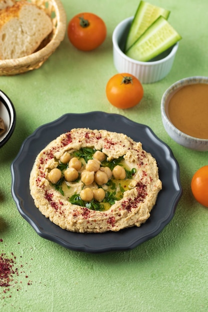 Foto gratuita delizioso hummus sul piatto ad angolo alto