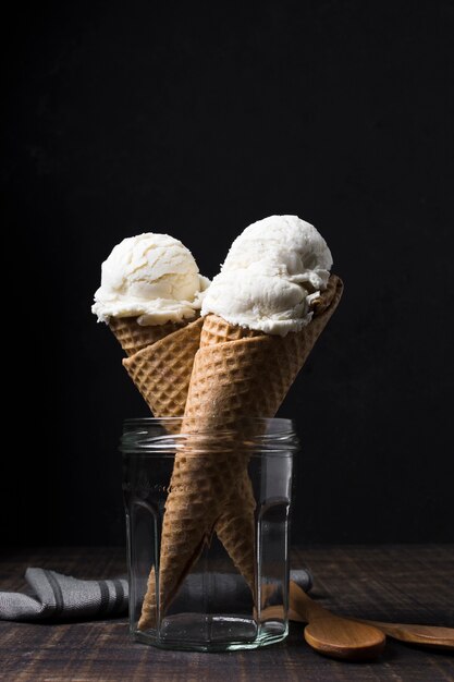 Delicious ice cream cones with vanilla