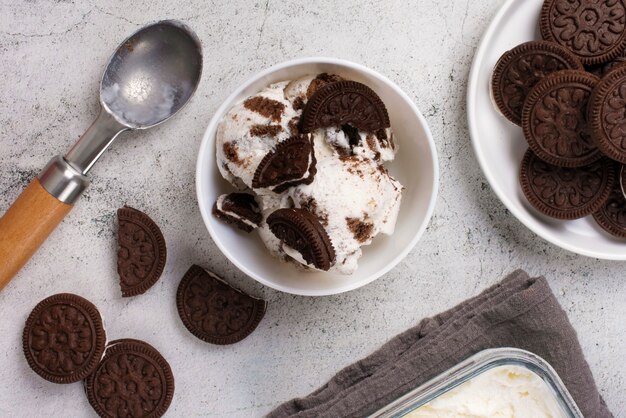 Free photo delicious ice cream with cookies above view