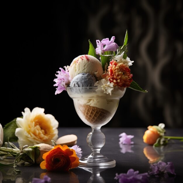 Delicious ice cream with flowers arrangement