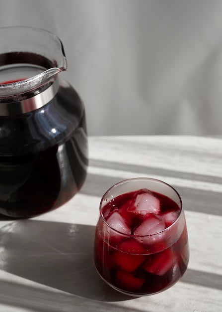 Delicious iced tea on table high angle