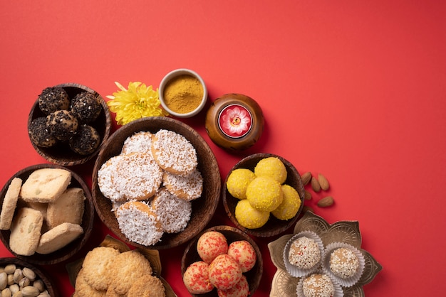 Delicious indian dessert arrangement flat lay