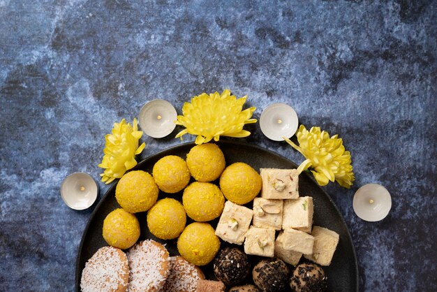 Delicious indian dessert arrangement above view