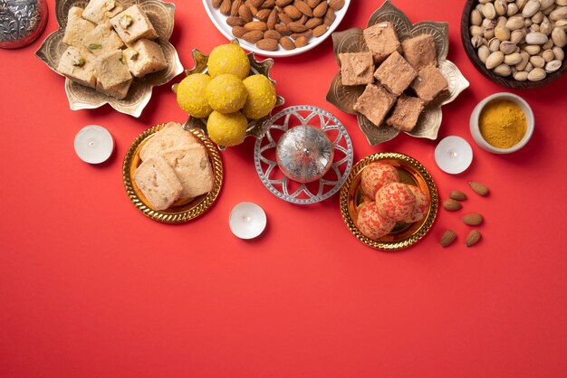 Delicious indian dessert flat lay