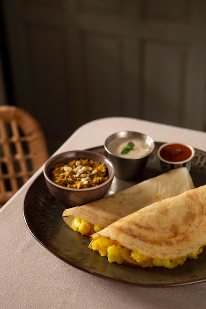 Free photo delicious indian dosa arrangement