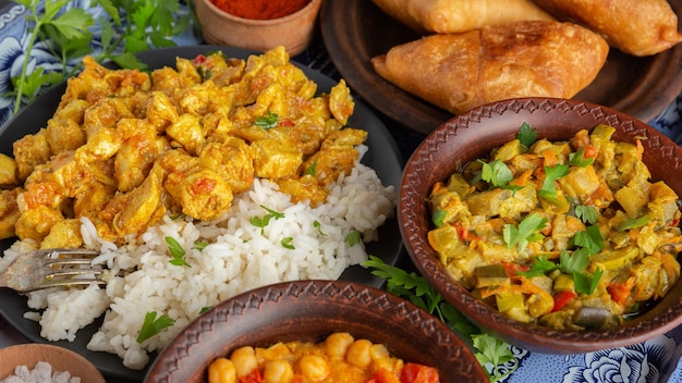Вкусная индийская еда на подносе под высоким углом
