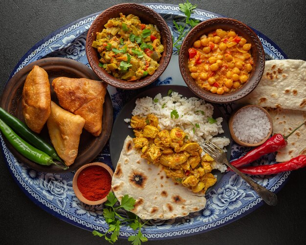 Delicious indian food on tray