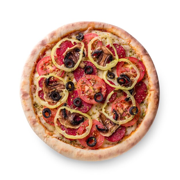 Delicious Italian pizza with tomato, olives, pepperoni and mushrooms, top view isolated on white background. Still life. Copy space