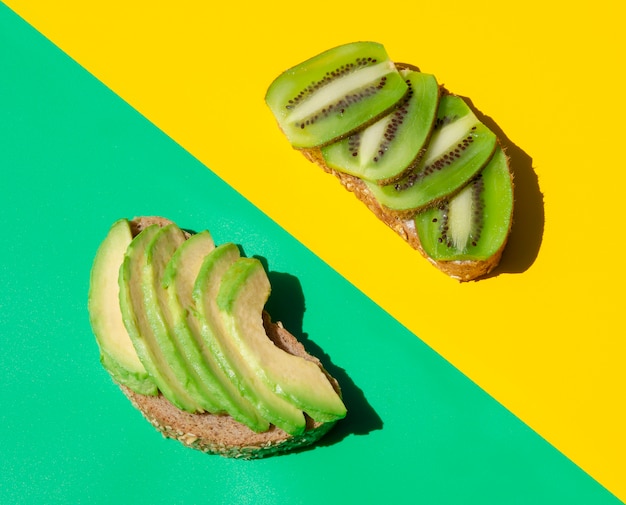 Delicious and juicy sandwich with kiwi and avocado