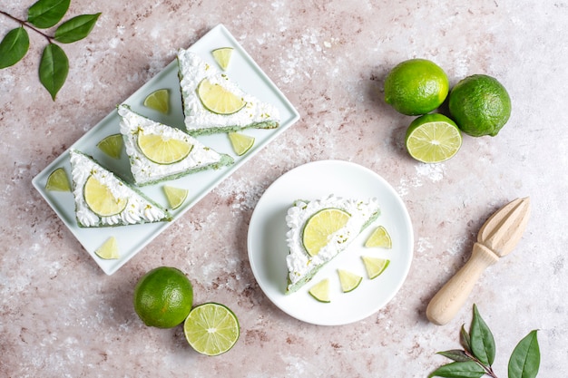 Delicious lime cake with fresh lime slices and limes.