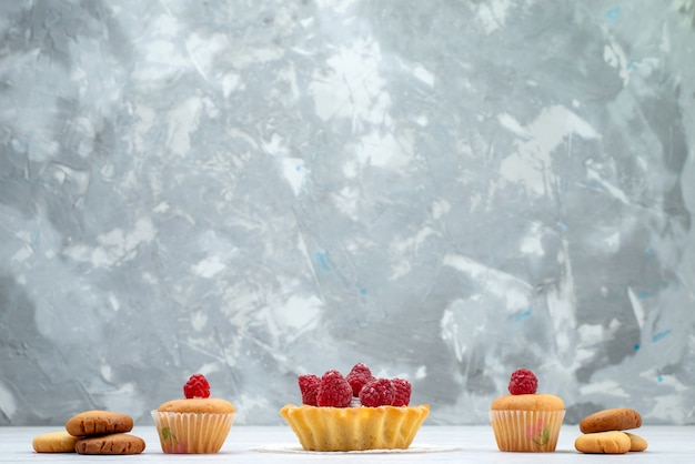 Delicious little cakes with raspberries along with cookies on light , cake biscuit sweet berry