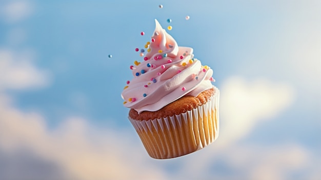 Delicious looking cupcake with sprinkles floating in air