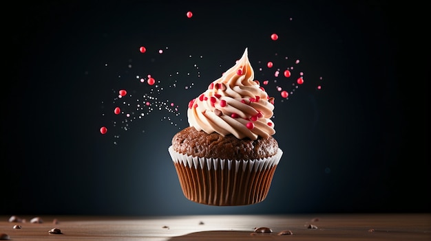 Free photo delicious looking cupcake with sprinkles floating in air