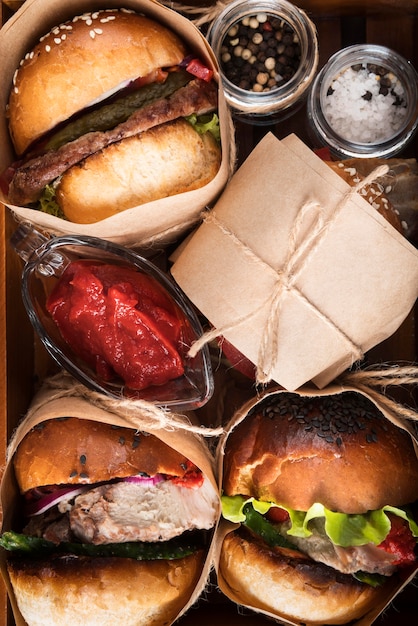 Free photo delicious looking hamburgers composition