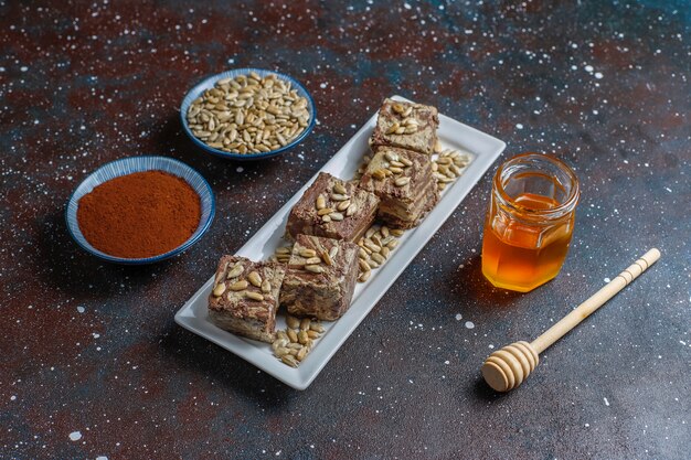 Delicious marble halva with sunflower seeds,cocoa powder and honey,top view