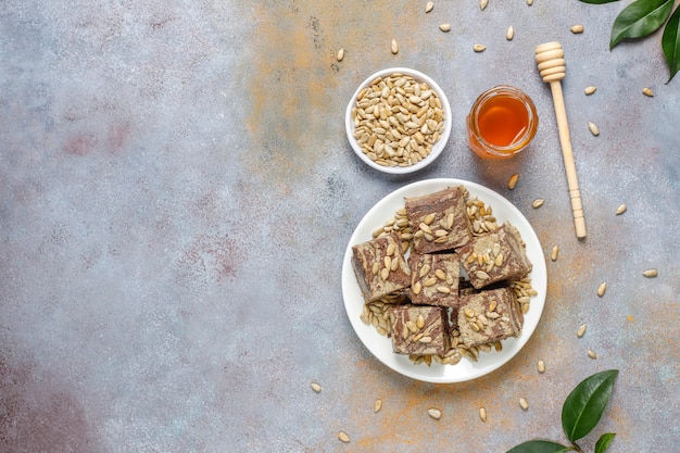 Delicious marble halva with sunflower seeds,cocoa powder and honey,top view