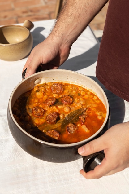 Delicious meal with chorizo sausage composition