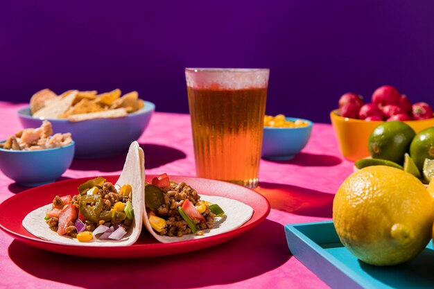 Free photo delicious meal with tacos and beer