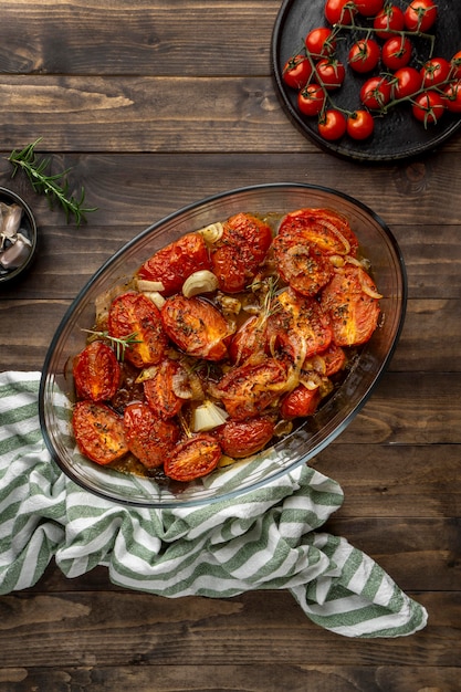 Delicious meal with tomatoes top view