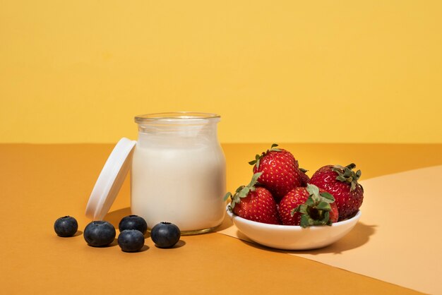 Delicious milk and fruits arrangement