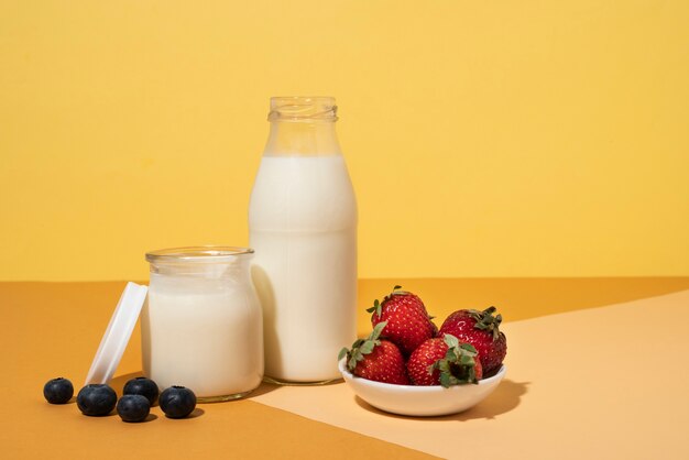 Delicious milk and fruits assortment