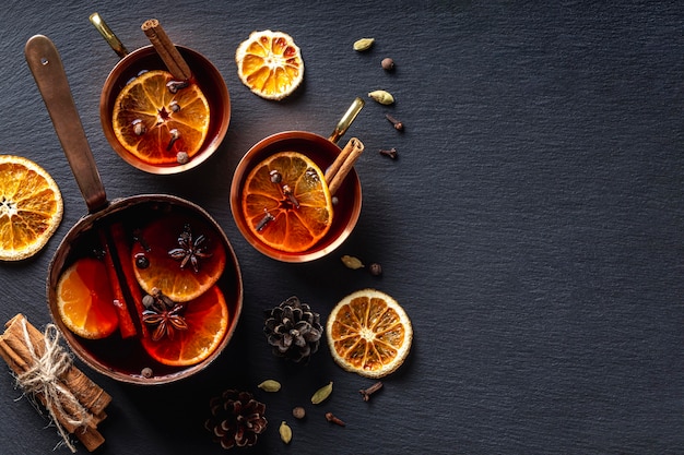 Delicious mulled wine concept with copy space
