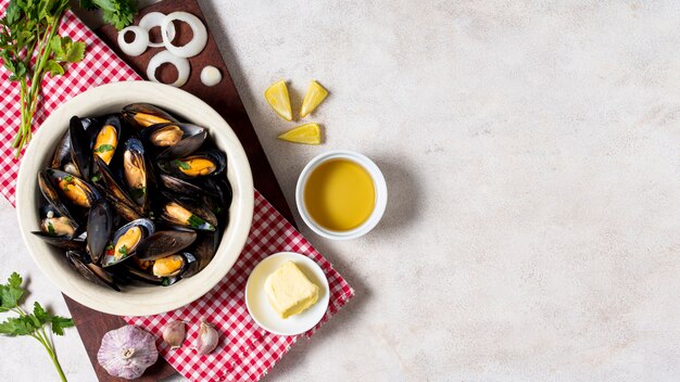 Delicious mussel shells with copy space