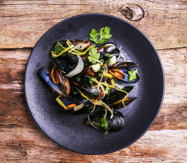 Delicious mussels in a plate