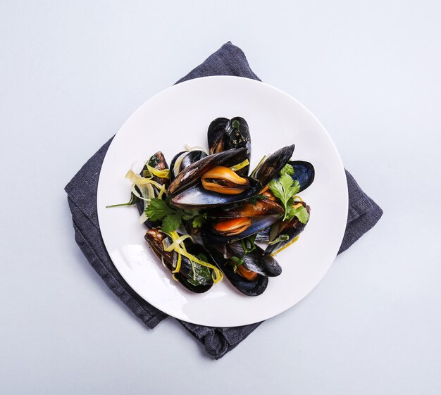 Delicious mussels in a plate