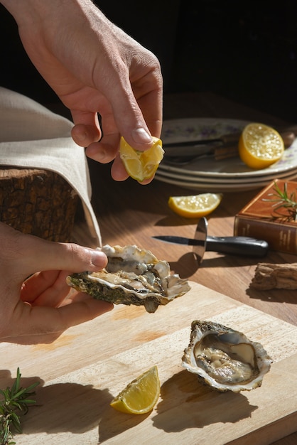 Delicious  oysters ready to eat still life