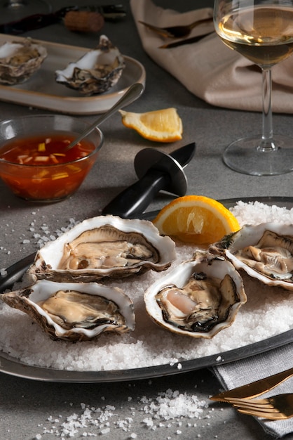 Delicious  oysters ready to eat still life