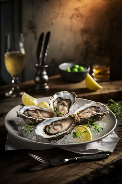 Delicious oysters with lemon