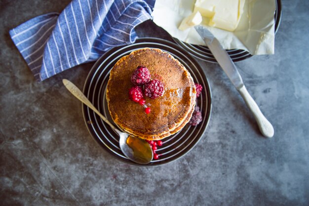 Delicious pancakes on the table top view