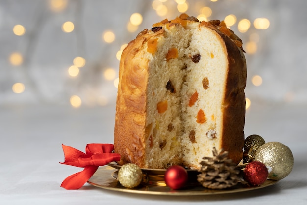 Delicious panettone and christmas decorations