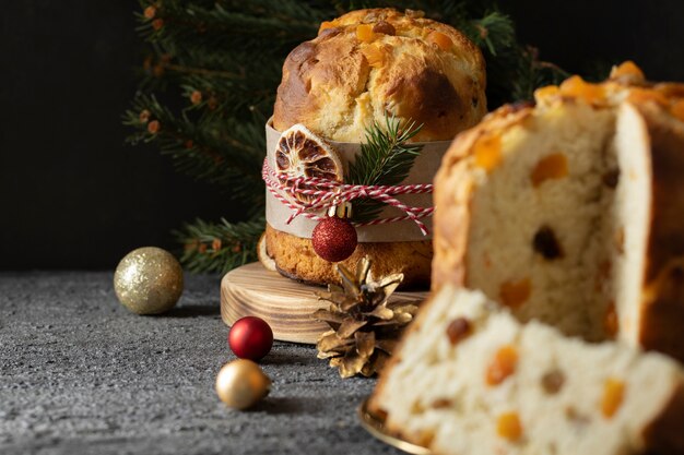 Delicious panettone and ornaments