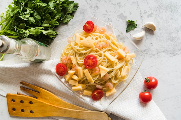 Delicious pasta dish with ingredients