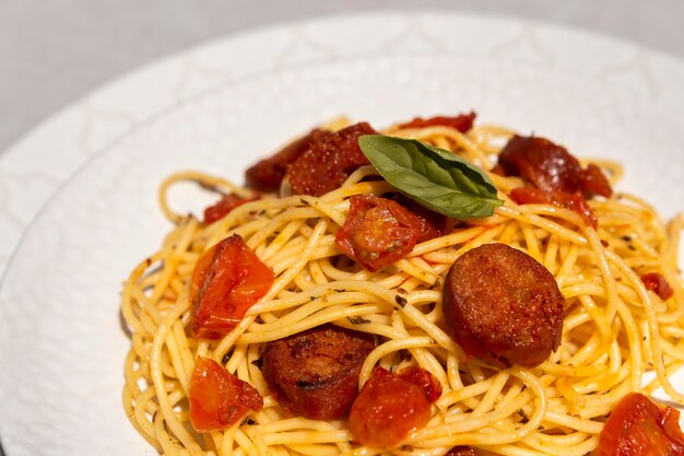 Delicious pasta with chorizo slices