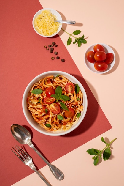 Delicious pasta with tomatoes top view