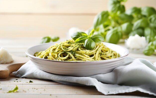 Delicious pesto pasta on plate