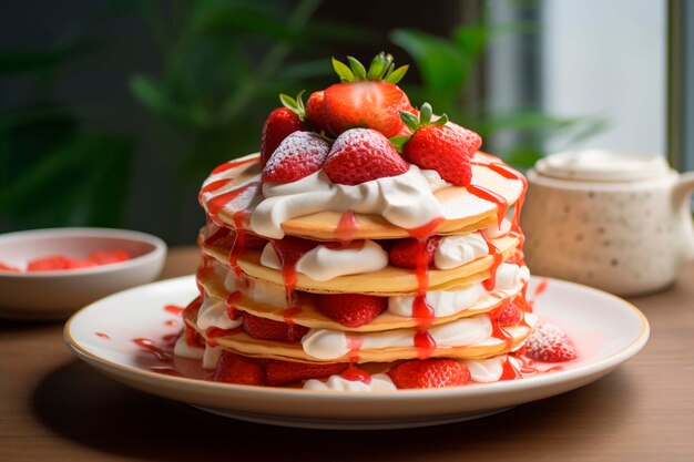 Delicious photorealistic pancakes with strawberries