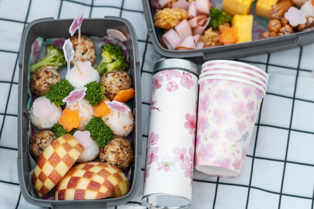 Delicious picnic with cherry tree flowers