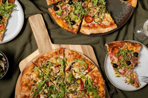 Delicious pizza arrangement above view