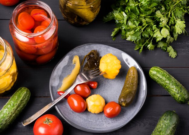 Delicious preserved vegetables top view