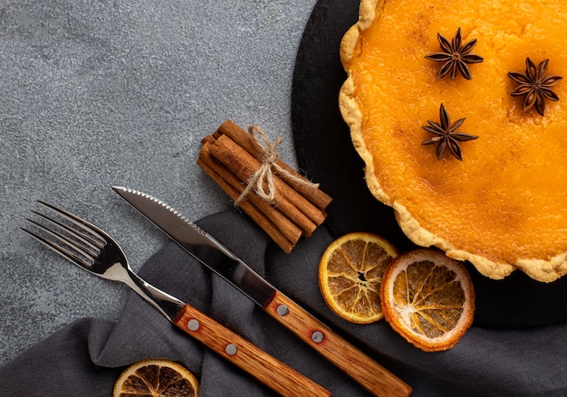 Delicious pumpkin pie and dried lemon slices