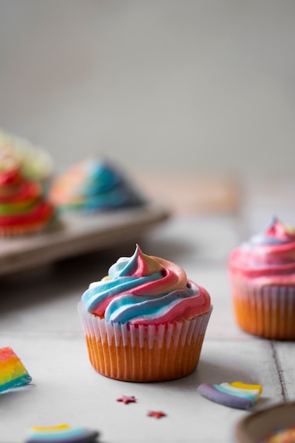 Free photo delicious rainbow cupcake still life