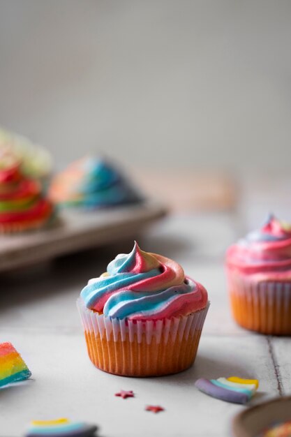 Delicious rainbow cupcake still life