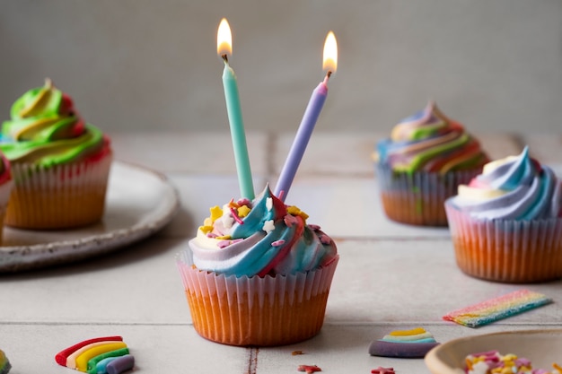 Delicious rainbow cupcake still life