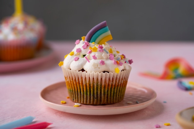 Free photo delicious rainbow cupcake still life